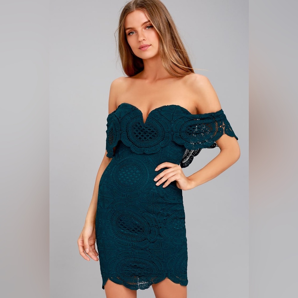 Bellissimo Teal Blue Lace Off-the-Shoulder Bodycon Dress - S